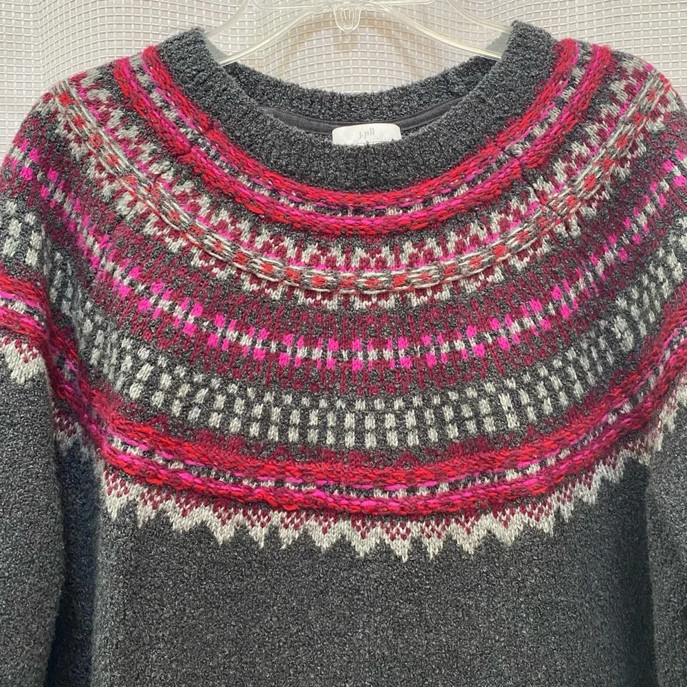 J. Jill Dark Gray Crewneck Sweater with Pink & Red Fair Isle Yoke